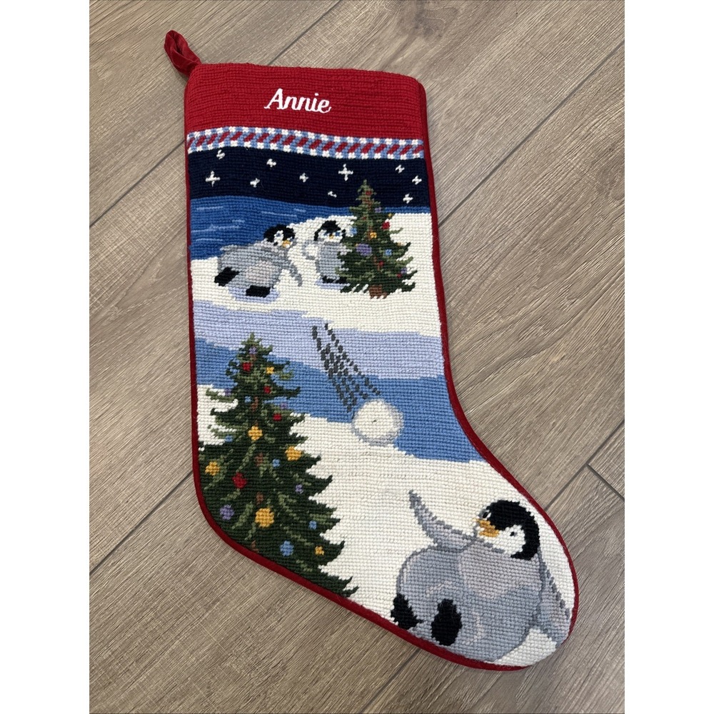 Land's End Needlepoint Wool Christmas Stocking Customized ANNIE 17" vgt Penguins